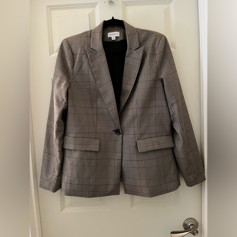 Evereve Brown Plaid Blazer with Notched Lapels and Padded Shoulders pockets L